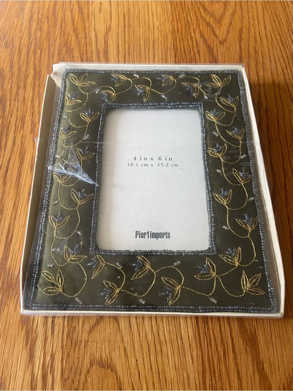 Pier 1 Olive Green Embroidered Beaded Photo Frame- 4in x 6in